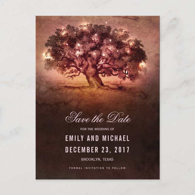String lights old oak tree rustic save the date announcement postcard (Front)