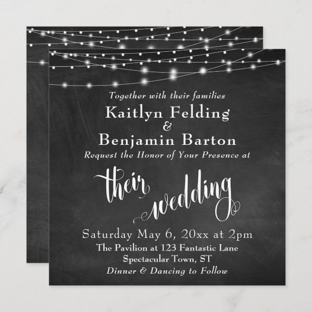 String Lights on Chalkboard Typography Wedding Invitation (Front/Back)