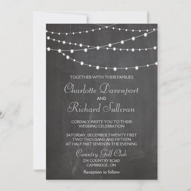 String lights on chalkboard wedding invitation (Front)
