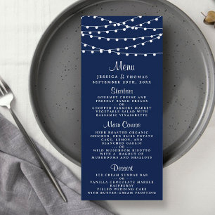 String Lights On Navy Blue Wedding Menu