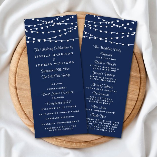 String Lights On Navy Blue Wedding Program Rack Card (Creator Uploaded)