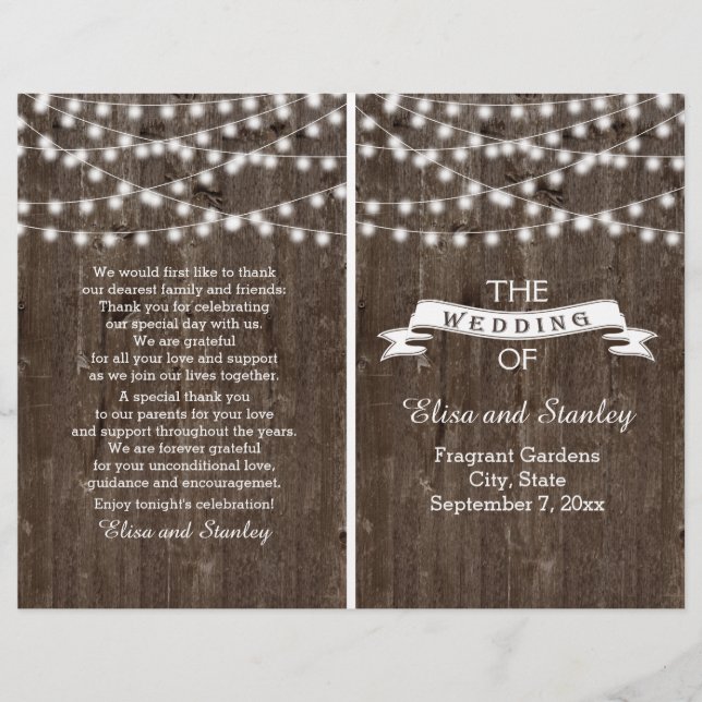 String lights on old wood folded wedding program (Front)