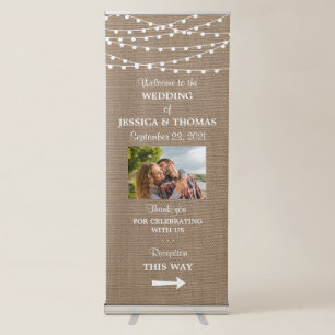 String Lights On Rustic Burlap Wedding Welcome Retractable Banner