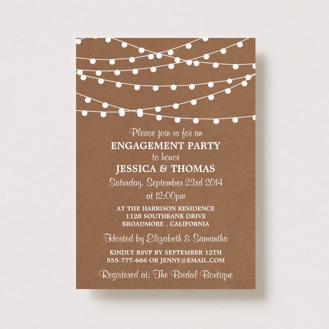 String Lights On Rustic Kraft Engagement Party Invitation (Creator Uploaded)