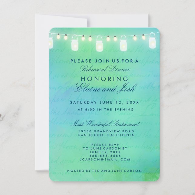 String lights on the water Rehearsal Dinner Invitation (Front)