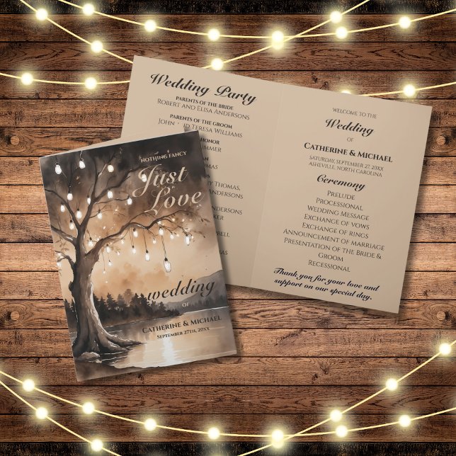 String Lights On Tree Romantic Country Wedding Programme (Flat lay barn wood fairy lights romantic country enchanted woodland forest light wedding program)