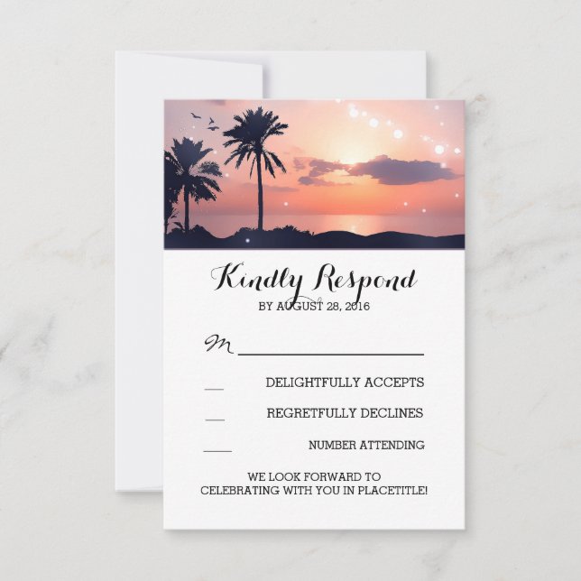 string lights palm beach sunset wedding RSVP cards (Front)