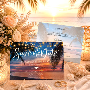String Lights Palm Beach Wedding Save the Date Announcement Postcard