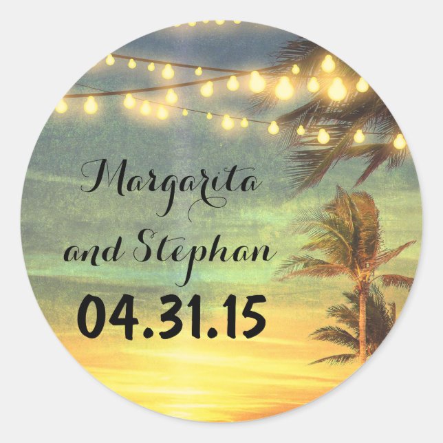 String Lights Palms Beach Sunset Wedding Classic Round Sticker (Front)