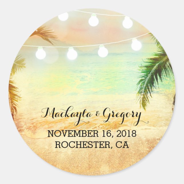 String Lights Palms Beach Sunset Wedding Stickers (Front)