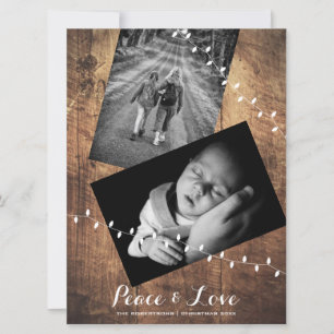 String Lights   Peace & Love Christmas Photo Wood Holiday Card