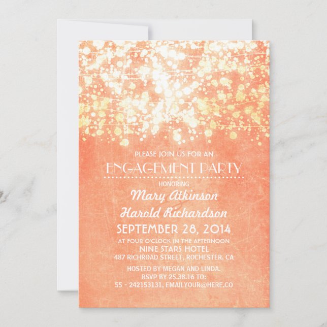 string lights peach and gold engagement party invitation (Front)