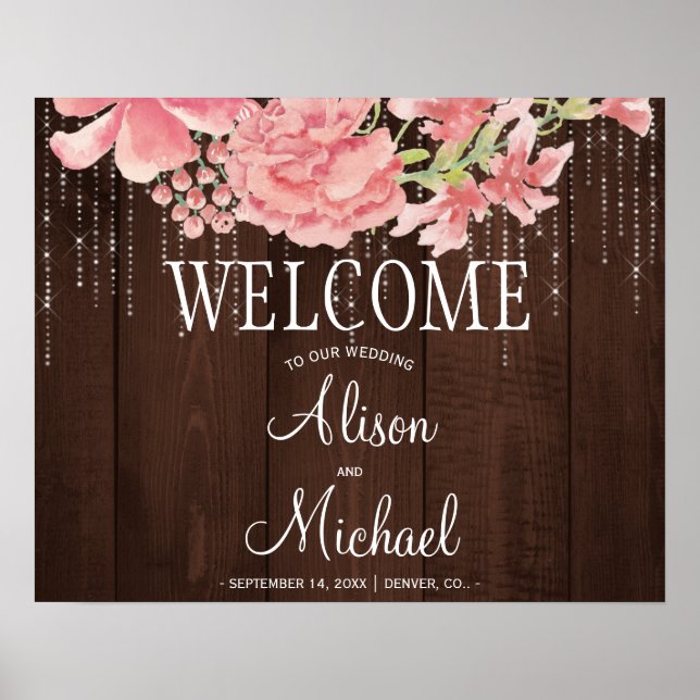 String lights peonies blush wedding welcome sign (Front)