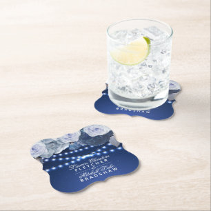 String lights Personalised Blue Elegant Wedding Paper Coaster