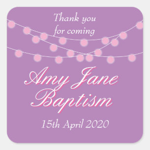 String Lights Pink Baptism Christening Favour Square Sticker