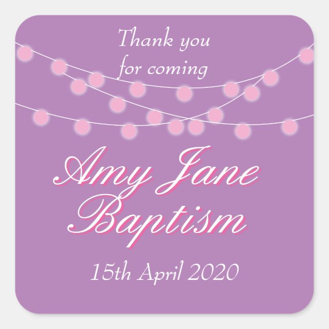 String Lights Pink Baptism Christening Favour Square Sticker (Front)