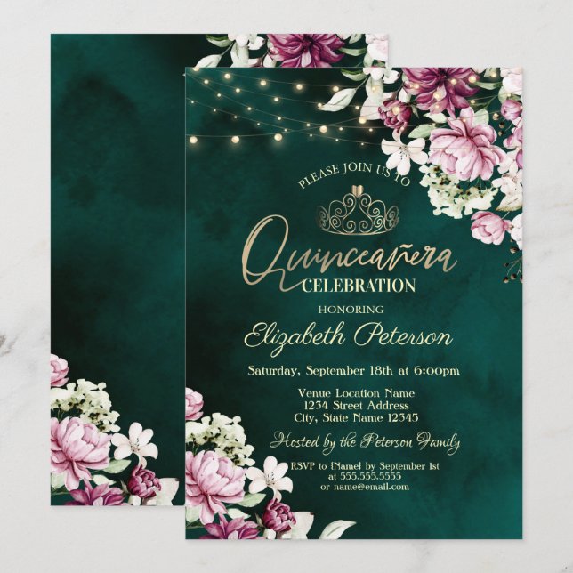 String Lights Pink Flowers Green Quinceañera  Invitation (Front/Back)