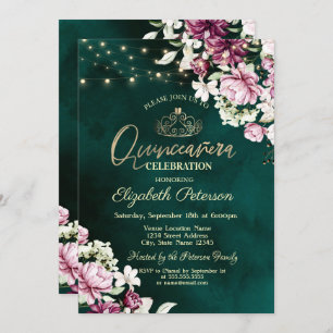 String Lights Pink Flowers Green Quinceañera Invitation