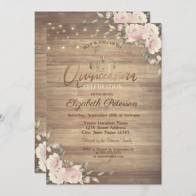 String Lights Pink Flowers Wood Quinceañera  Invitation (Front/Back)