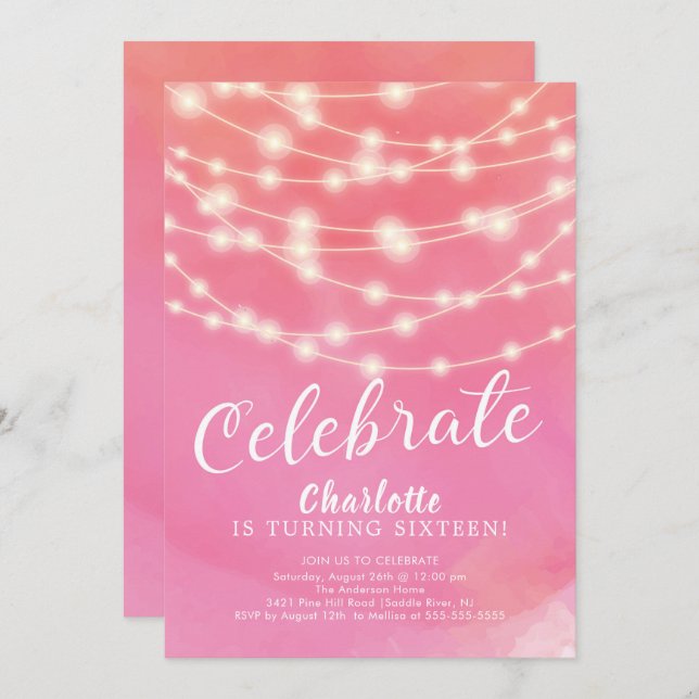 String Lights Pink Sweet 16th Birthday Invitation (Front/Back)