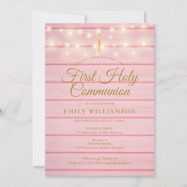 String Lights Pink Wood First Holy Communion Invitation (Front)