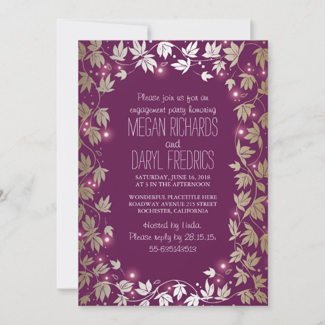String Lights Plum - Gold Garden Engagement Party Invitation (Front)