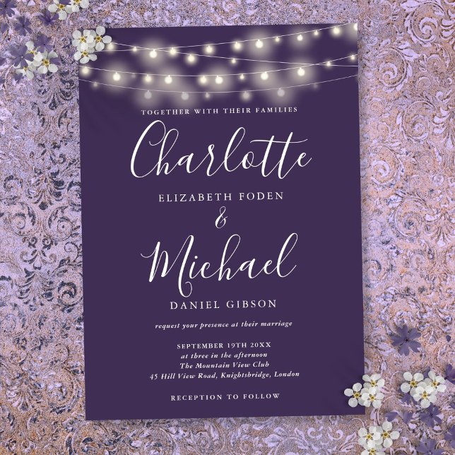 String Lights Purple Elegant Script Wedding  Invitation (String Lights Purple Elegant Script Wedding Invitation)