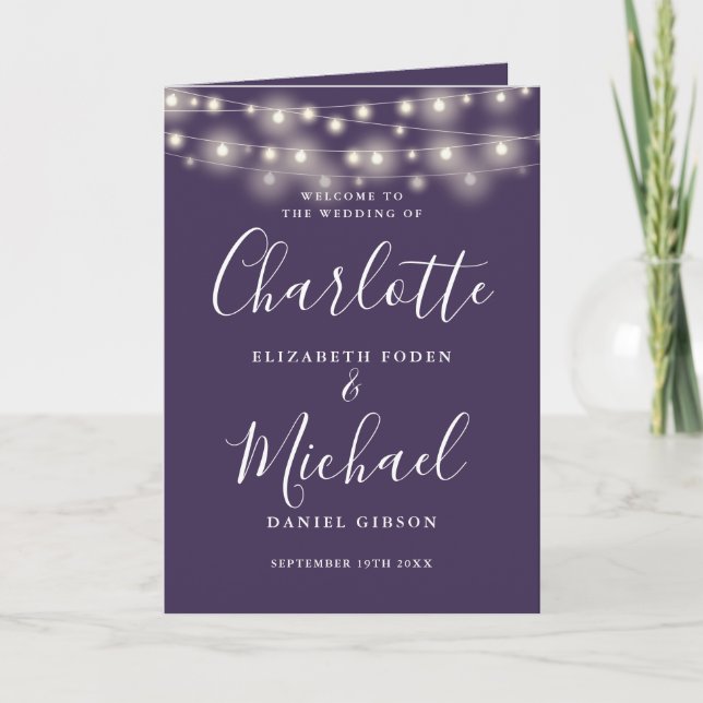 String Lights Purple Elegant Script Wedding Programme (Front)