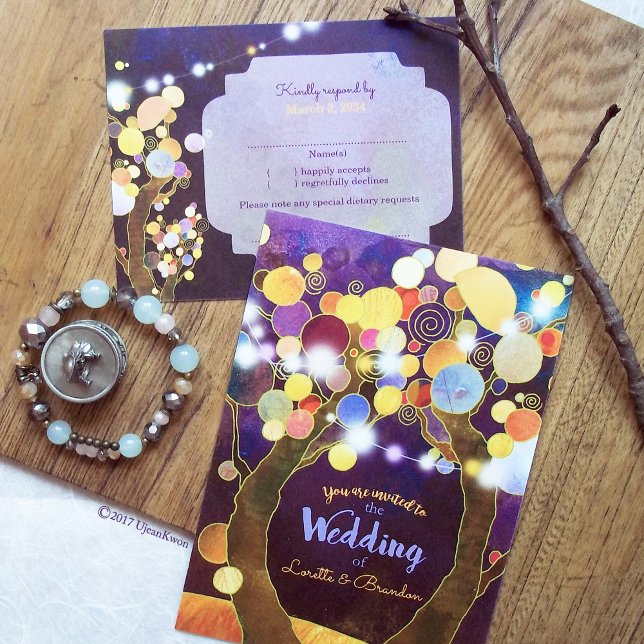 String Lights Purple Love Trees Wedding Invitation (Romantic string lights wedding in purple shades)