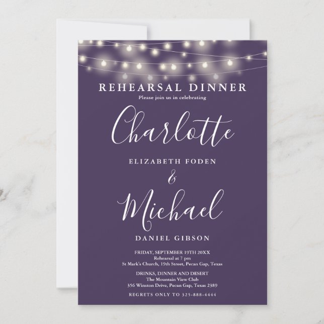 String Lights Purple Script Rehearsal Dinner Invitation (Front)