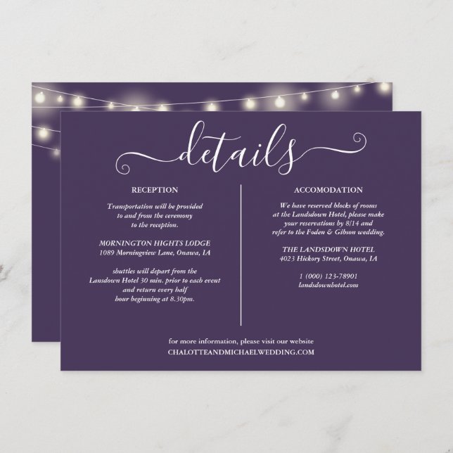 String Lights Purple Wedding Details Info Invitation (Front/Back)