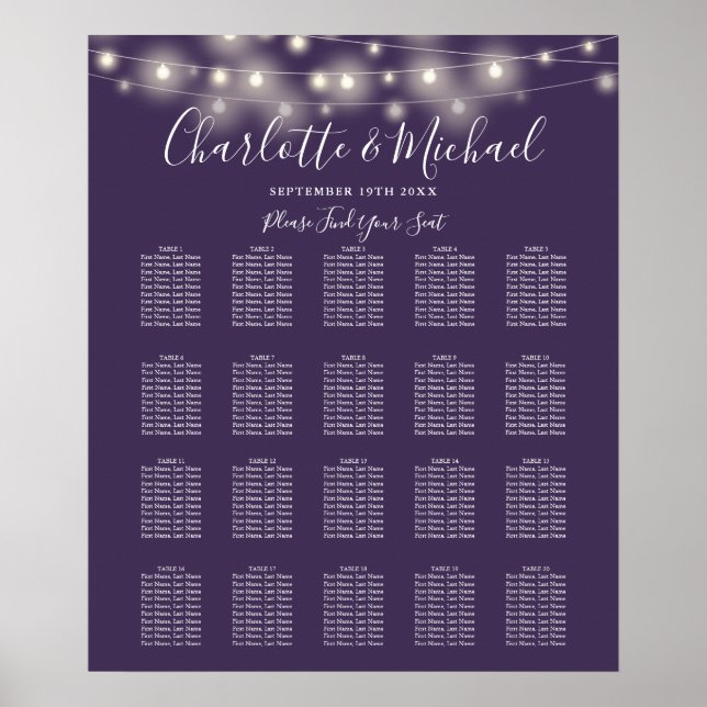 String Lights Purple Wedding Seating Chart (Front)