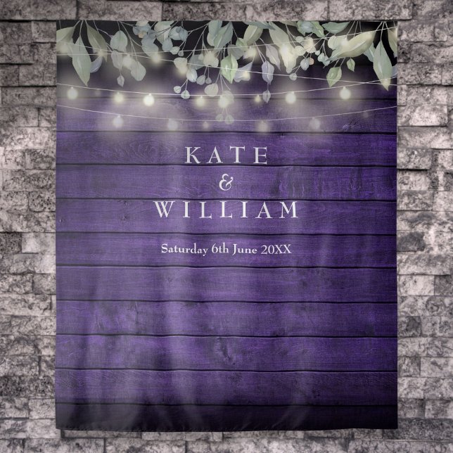 String Lights Purple Wood Wedding Photo Backdrop Tapestry (String Lights Purple Wood Wedding Photo Backdrop)
