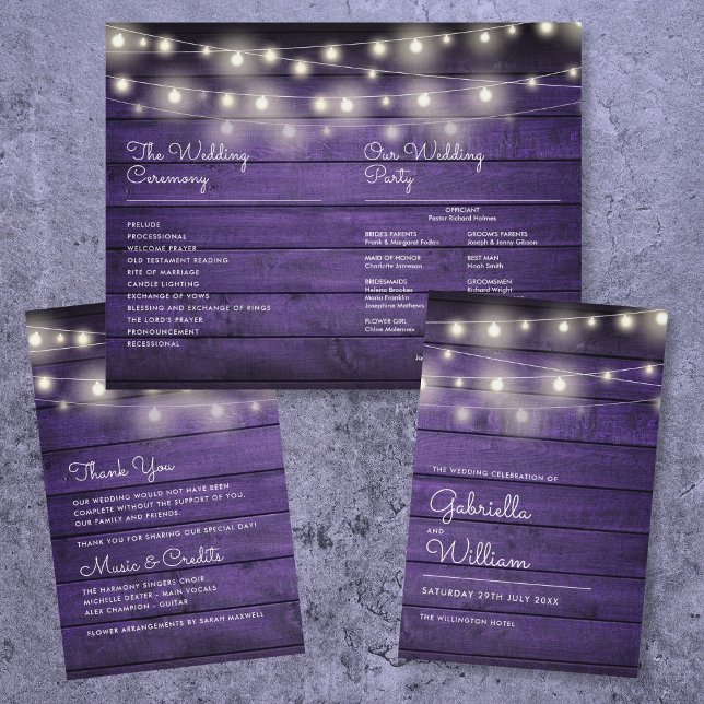 String Lights Purple Wood Wedding Program (String Lights Purple Wood Wedding Program)
