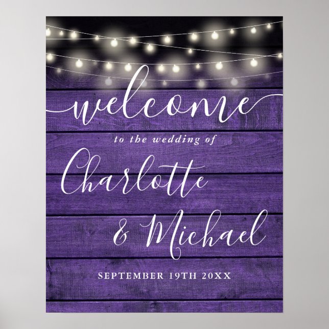 String Lights Purple Wood Wedding Welcome Sign (Front)