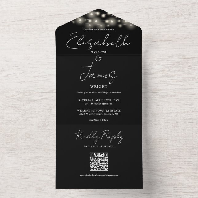 String Lights QR Code Black And White Wedding All In One Invitation (Inside)