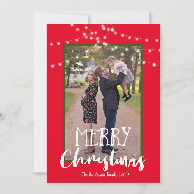 String Lights Red and Green Photo Merry Christmas Holiday Card (Front)