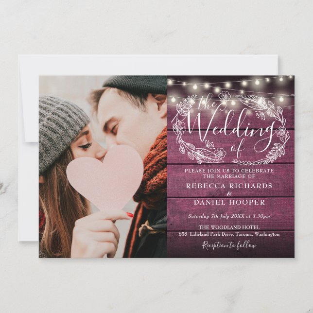 String Lights Red Rustic Photo All In One Wedding Invitation (Front)