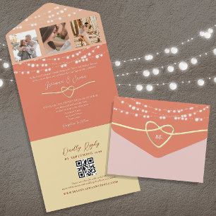 String Lights Retro Peach Wedding QR Code All In One Invitation