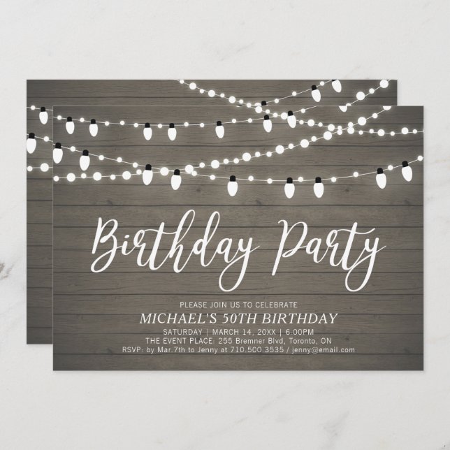 String Lights | Rustic Adult 50th Birthday Party Invitation (Front/Back)