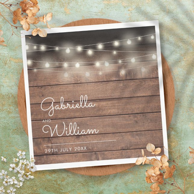 String Lights Rustic Barn Wood Elegant Script Napkin (String Lights Rustic Barn Wood Elegant Script Napkins)