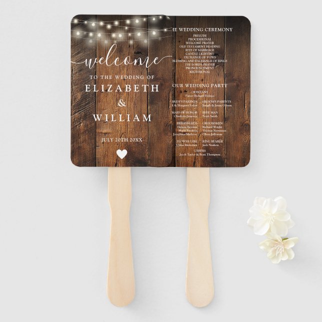 String Lights Rustic Barn Wood Wedding Program Hand Fan (Front and Back)