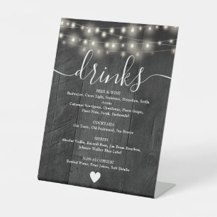 String Lights Rustic Black Barn Wood Drinks Menu Pedestal Sign
