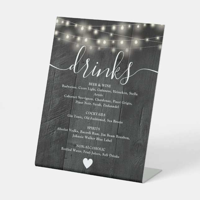 String Lights Rustic Black Barn Wood Drinks Menu Pedestal Sign (Front)