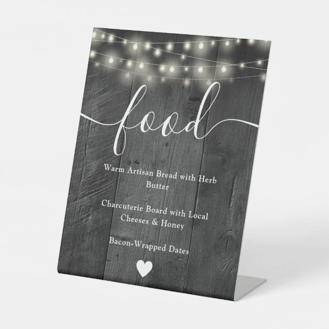 String Lights Rustic Black Barn Wood Food Menu Pedestal Sign (Front)