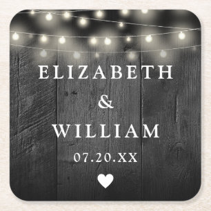String Lights Rustic Black Wood Boho Barn Wedding Square Paper Coaster