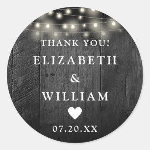 String Lights Rustic Black Wood Wedding Favour  Classic Round Sticker