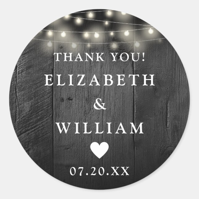 String Lights Rustic Black Wood Wedding Favour  Classic Round Sticker (Front)