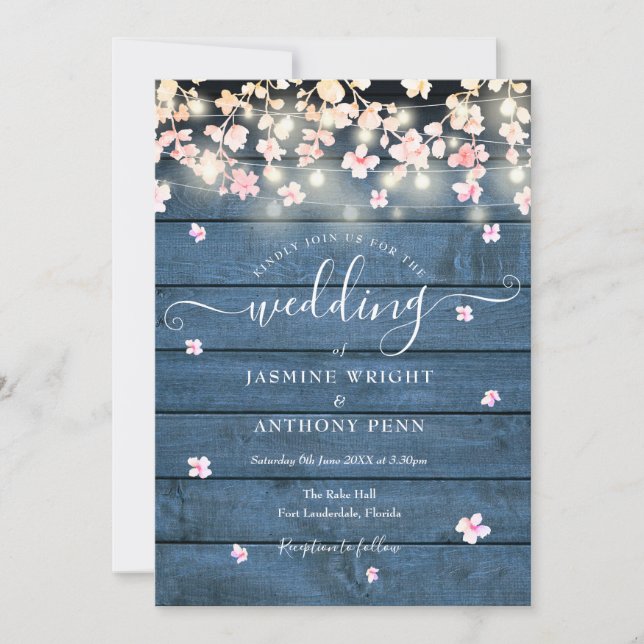String Lights Rustic Blue Wood Blossom Wedding Invitation (Front)