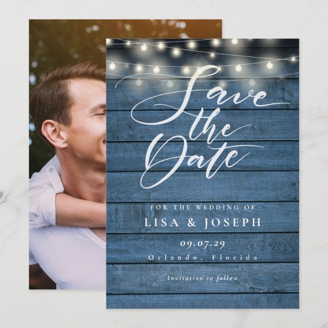 String Lights Rustic Blue Wood Photo Wedding Save The Date (Front/Back)